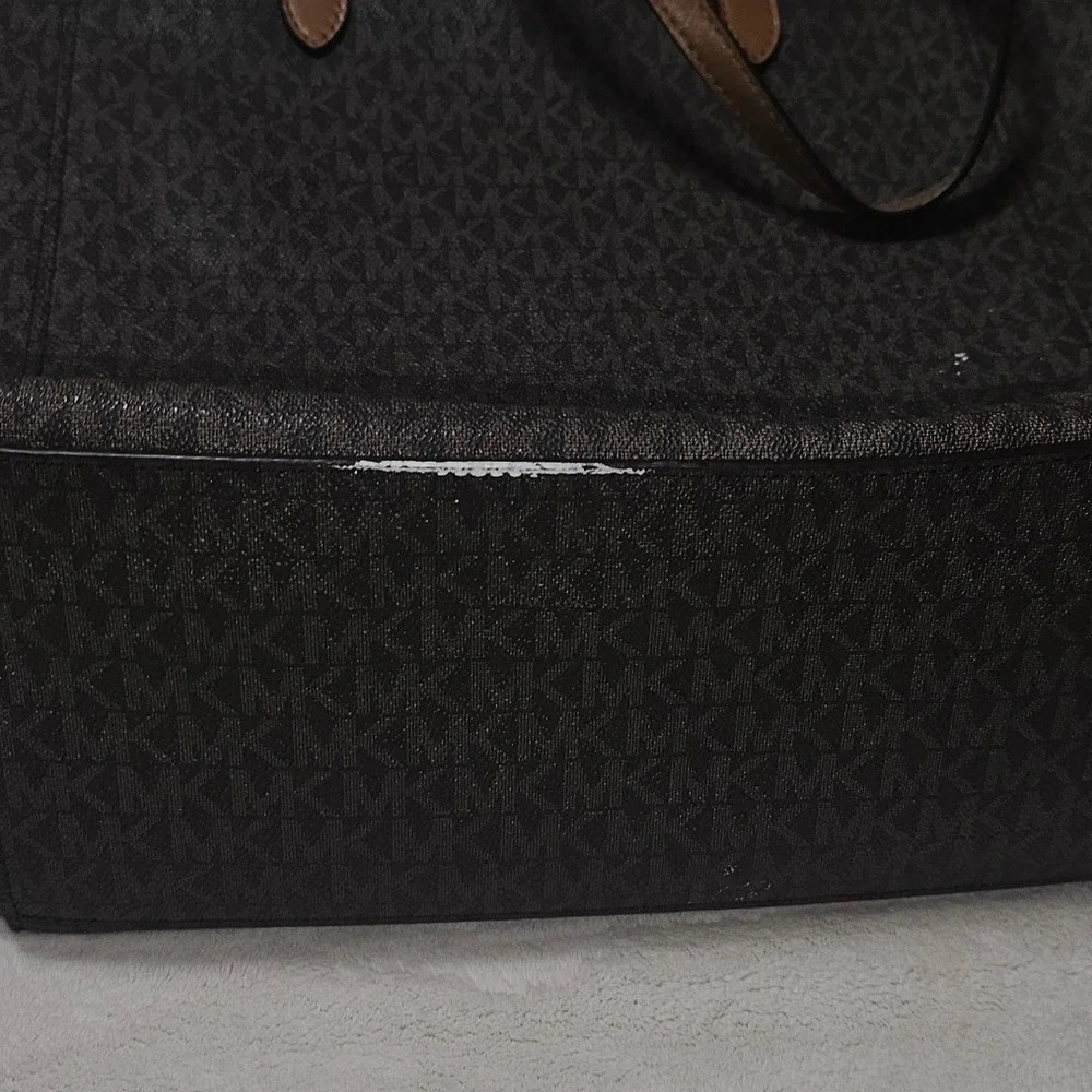 Michael Kors Signature Logo Tote Bag Brown Monogram Leather Trim Shopper Handbag
